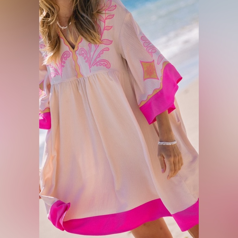 Neon Pink Beige floral Embroidered V neck boho bohemian casual chic dress